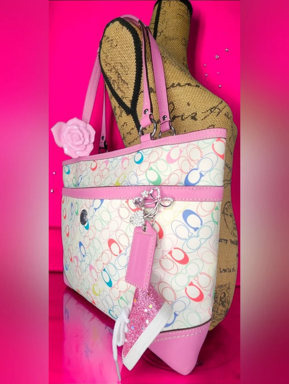 Vintage Y2K Coach Heritage Chelsea Pink Trim Multicolor Signature Tote F16874